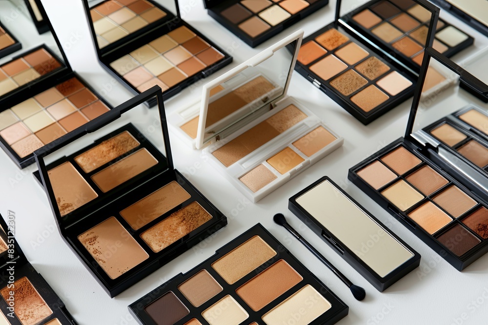 Poster a collection of various contouring palettes and highlighters, organized neatly against a light backg