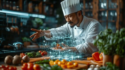 Chef in Modern Restaurant Kitchen Preparing Innovative Gourmet Dish With Vegetables in Evening