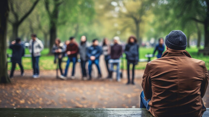 a lonely man sitting on a bench in the park and looking at a group of people