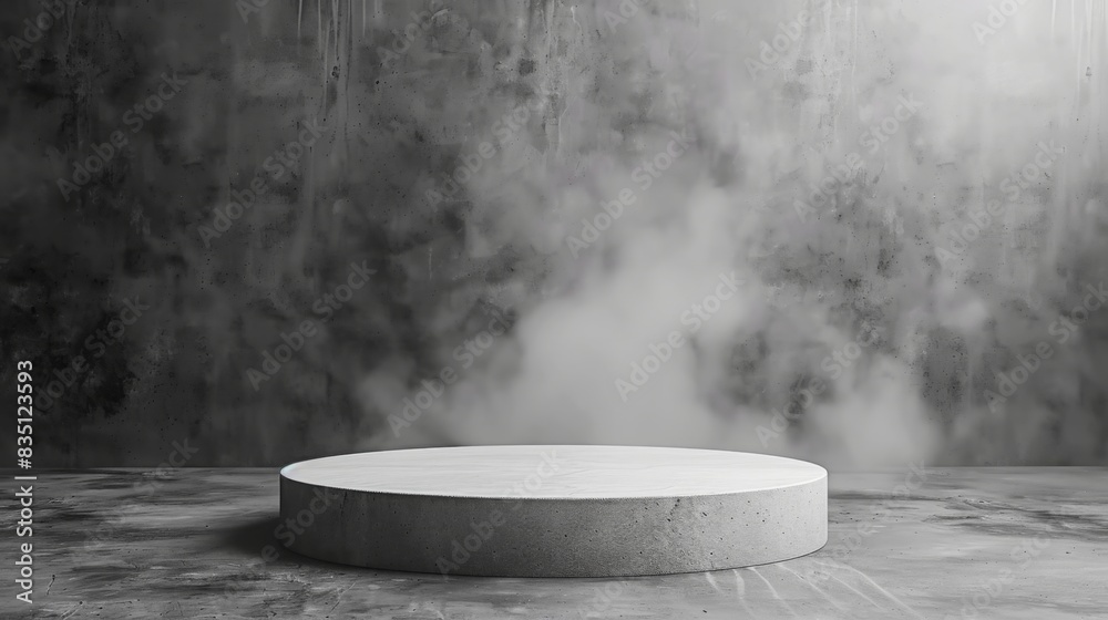 Aufkleber a circular stone pedestal stands in front of a foggy, dark gray background. gentle evening light cas