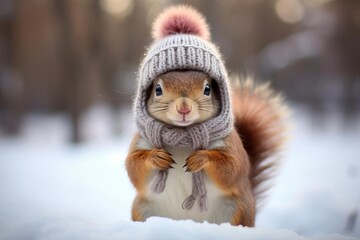 A cute squirrel wearing a winter hat and scarf,