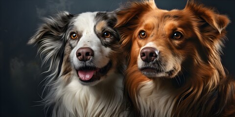 Two dogs posing for a portrait against a dark background with space for advertisements. Concept Pet Portraits, Dark Background, Advertising Space, Double Dogs, Professional Photography