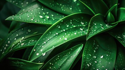 Fototapeta premium Close-up of vibrant green leaves with dew drops, showcasing natural beauty and freshness. Perfect for nature and botanical themes.
