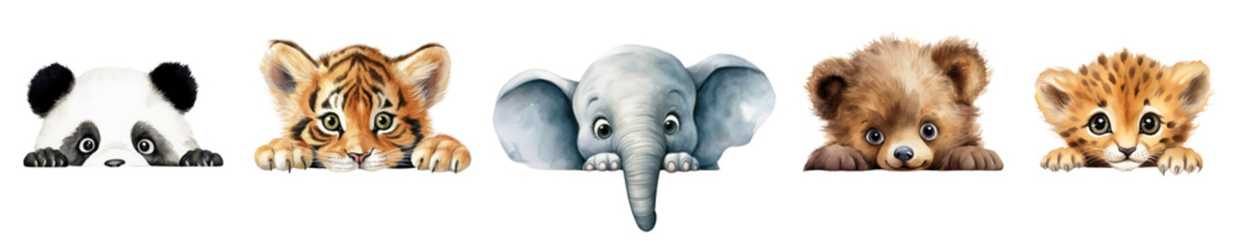 Watercolor animal peeking png element set on transparent background