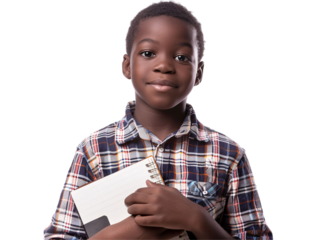 Black kid holding a school project die cut PNG style isolated on white and transparent background