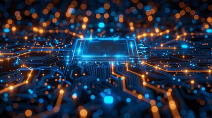 High-tech circuit board with intricate wiring and electric blue energy flows.