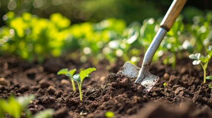 shovel in the garden, Celebrate National Weed Your Garden Day. Gardening, Nature, and Environmental Care Concepts.