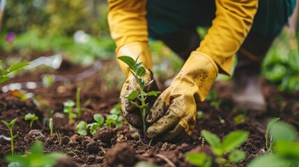 Person Planting a Young Plant in Soil to Celebrate National Weed Your Garden Day. Gardening, Nature, and Environmental Care Concepts.