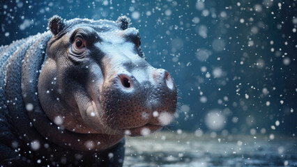 Majestic hippopotamus in a rare snowy environment
