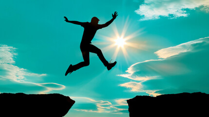 Silhouette of a person leaping between cliffs against a sunlit sky, symbolizing achievement. Generative AI