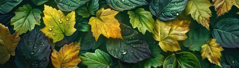 Fototapeta premium A vibrant mix of green and yellow leaves with dewdrops, showcasing the beauty of nature in vivid detail.