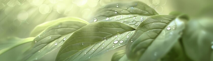 Obraz premium Close-up of leaves with water droplets in natural light, creating a fresh, serene atmosphere with soft-focus greenery.