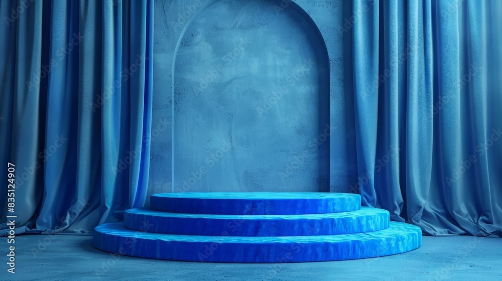 Poster A three-tiered circular blue stage is framed by matching blue curtains in a minimalist setting with soft lighting.