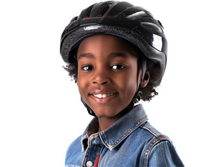 Black kid wearing a bike helmet die cut PNG style isolated on white and transparent background