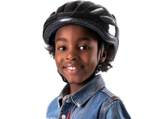 Black kid wearing a bike helmet die cut PNG style isolated on white and transparent background