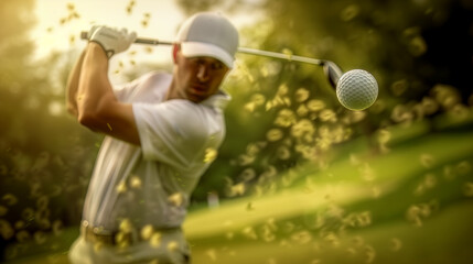 Close-up on a golf ball flying with a pro golfer on the background