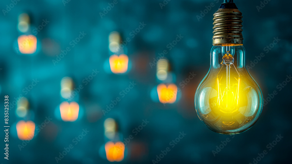 Poster a glowing light bulb against a backdrop of blurred lights, highlighting the concept of ideas and cre