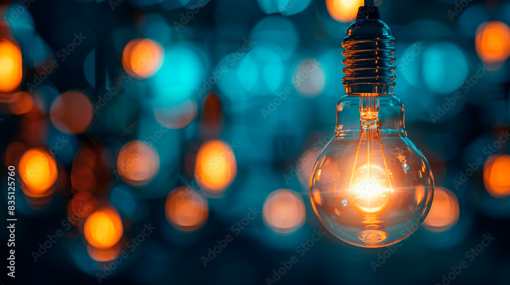 Poster a glowing light bulb against a bokeh background, conveying the concept of innovation and creativity.