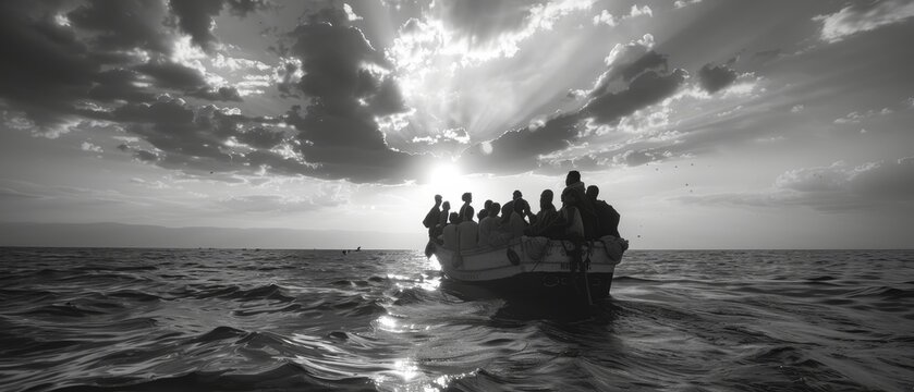  Migrant boat in Mediterranean Sea with refugees. 