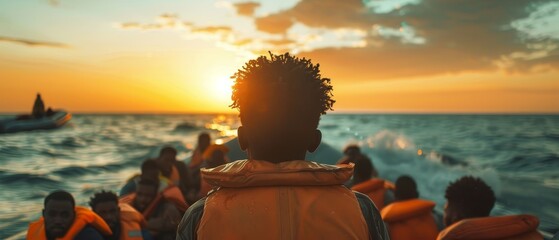  Migrant boat in Mediterranean Sea with refugees. 
