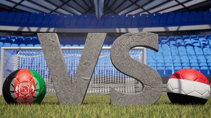 A soccer match between Afghanistan and Yemen is symbolized by two soccer balls with their national...