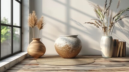 White And Wooden Vases With Dried Pampas Grass On A Wooden Tabletop