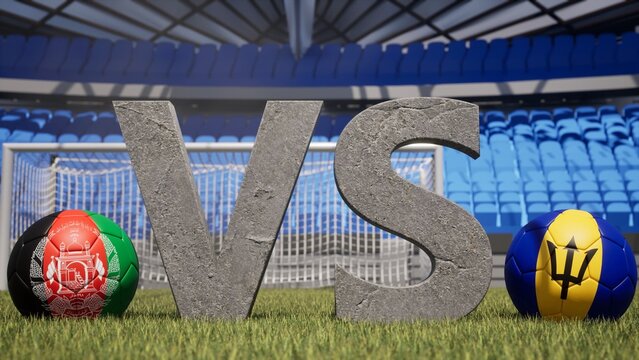 A soccer match between Afghanistan and Barbados is symbolized by two soccer balls with their national flags and a large vs on a stadium field - Powered by Adobe