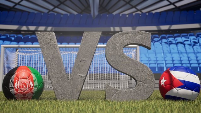 A soccer match between Afghanistan and Cuba is symbolized by two soccer balls with their national flags and a large vs on a stadium field