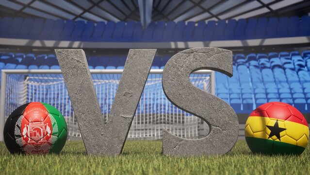 A soccer match between Afghanistan and Ghana is symbolized by two soccer balls with their national flags and a large vs on a stadium field