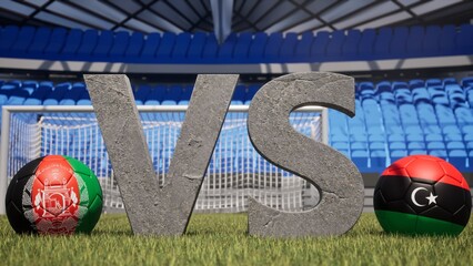 Obraz premium A soccer match between Afghanistan and Libya is symbolized by two soccer balls with their national flags and a large vs on a stadium field