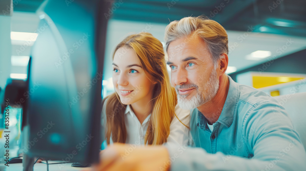 Poster two professionals looking at a computer screen together in an office setting, with a modern office b