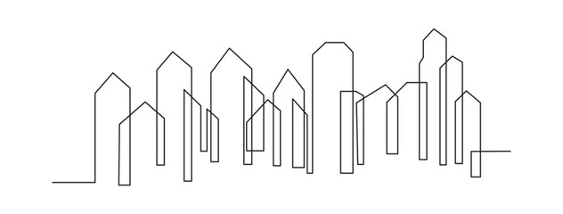 Continuous line drawing of Modern cityscape. Metropolis architecture panoramic landscape, Apartment buildings isolated minimalistic illustration. 