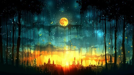 Fototapeta premium Digital art moon with the scenery digital art digital art with moon shining in night scene illustration, night view with colorful cool bluish effect and clouds with dark sky through foggy,