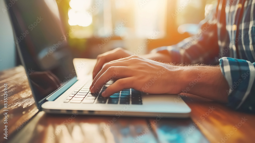 Poster close-up of hands typing on a laptop keyboard with warm light in the background, concept of work and