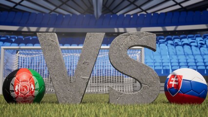 A soccer match between Afghanistan and Slovakia is symbolized by two soccer balls with their national flags and a large vs on a stadium field © Александр Бердюгин