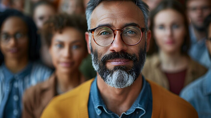 Photo realistic CEO: A blend of corporate leadership and community involvement in corporate social responsibility at a townhall meeting. Ideal for corporate and community ads illus