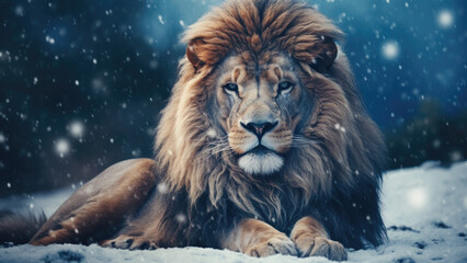 Fototapeta premium Regal lion surveying its snowy domain 