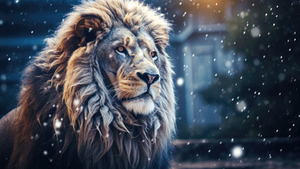 Majestic lion resting in a snowy winter forest
