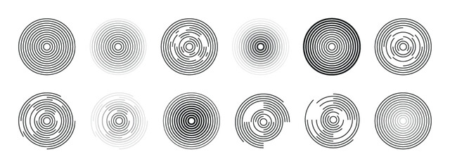 12 concentric circles isolated on a white background. Radial center minimal spirals on white. Radio and sonar wave. Illusion. Pulsation. Vector.