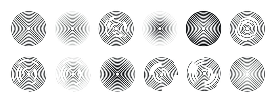 12 concentric circles isolated on a white background. Radial center minimal spirals on white. Radio and sonar wave. Illusion. Pulsation. Vector.