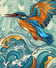 Obraz premium A Colorful Kingfisher Flying Through Whirlpools of Waves
