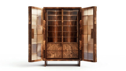 Craft a photorealistic 3D rendering of a worms-eye view cabinet, showcasing intricate wood textures and reflections, set against a pristine white backdrop