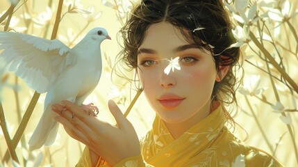 Woman Holding White Dove in Serene Garden During Golden Hour