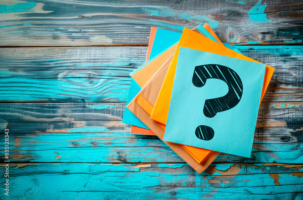 Poster a stack of colorful books with a question mark on the top one, against a wooden turquoise background