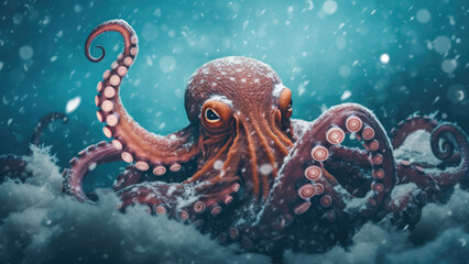 Beautiful Exotic Octopus in a Serene and Cold Snowy Ocean Setting





