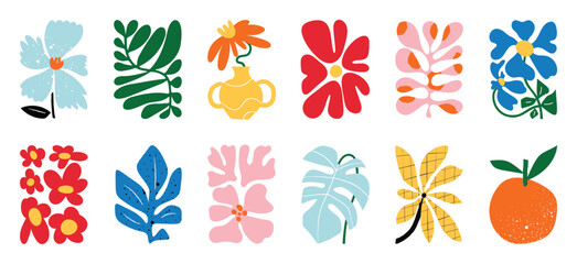 Botanical doodle background art vector set. Flower and leaves abstract shape doodle art design for print, wallpaper, clipart, wall art for home decoration.