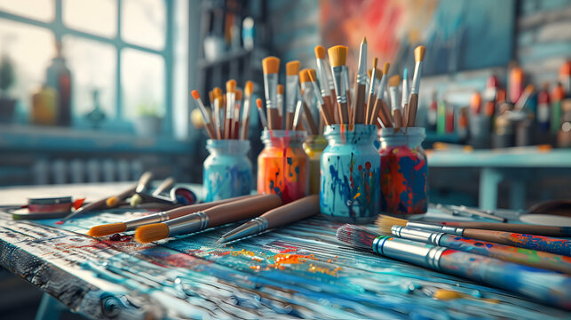 Vibrant Creative Workshop Session with Art Supplies: Symbolizing Workplace Creativity and Innovation. Perfect for Corporate and Lifestyle Ads in Photo Stock Concept