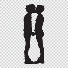 Simple silhouette of hands holding and kissing couple, black vector illustration on transparent background