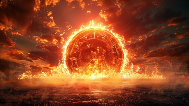 Heat meter image with fire surrounding increasing global heat concept. Global warming.