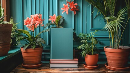 Teal Wall Decorated With Indoor Plants and Books